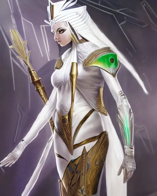 Image similar to perfect white haired attractive egyptian goddess, warframe armor, pharaoh headdress, beautiful, symmetric, dreamy, half asian, pretty face, green eyes, charlize theron, detailed, scifi platform, laboratory, experiment, 4 k, ultra realistic, epic lighting, android body, illuminated, cinematic, masterpiece, art by akihito tsukushi, voidstar