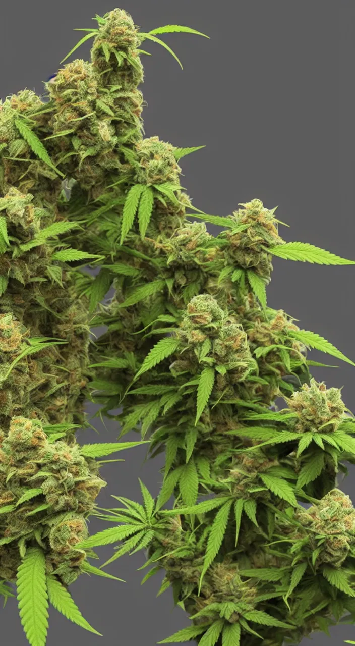 Prompt: very funny cannabis character made from a bud similar to iamgrout, rendering in 8k, photorealistic, with high detail, rendering with octane illumination + ray tracing, very clear, ultra-precise, focused, realistic