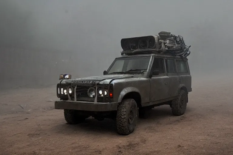 Image similar to A cinematic film still of a Land Rover in the movie Blade Runner: 2049.