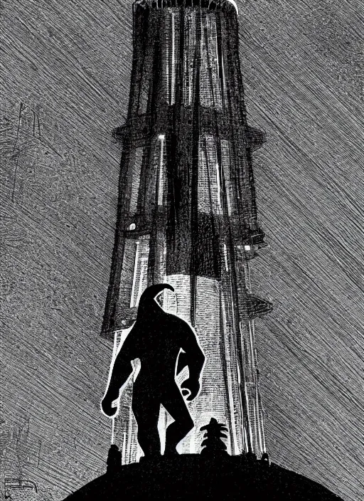 Image similar to king kong on the Seattle Space Needle at night, with moon in background, dark colors, sinister atmosphere, dramatic lighting, cinematic, establishing shot, extremely high detail, photo realistic, cinematic lighting, pen and ink, intricate line drawings, by Yoshitaka Amano, Ruan Jia, Kentaro Miura, Artgerm, post processed, concept art, artstation, matte painting, style by eddie mendoza, raphael lacoste, alex ross