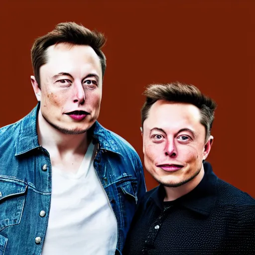 Image similar to A portrait photo of Elon Musk teams up with a teenage Elon Musk, perfect faces, 50 mm, award winning photography