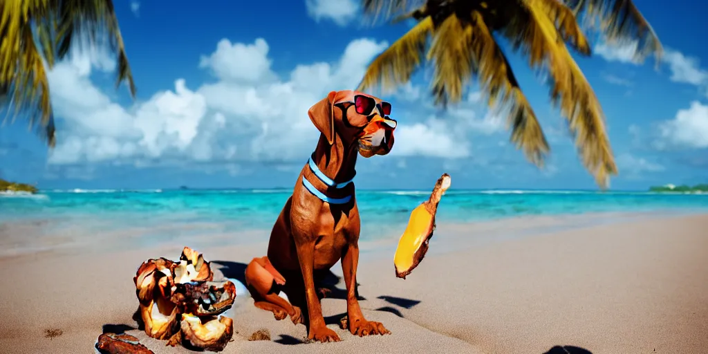 Prompt: brown vizsla dog wearing sunglasses, swim suit, coconuts, tropical beach in the background, sharp, anime, cartoon, bloom, dramatic lighting