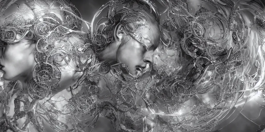 Image similar to hyperrealistic photography of a stunningly beautiful cyborg male, consciences being installed sci - fi, intimate, intricate filigree, fibonacci, in the style of beth cavener, jin kagetsu, and wlop, highly detailed, chrome face symmetry, masterpiece, award winning, sharp focus, concept art, high key, ambient lighting, 8 k, octane render,