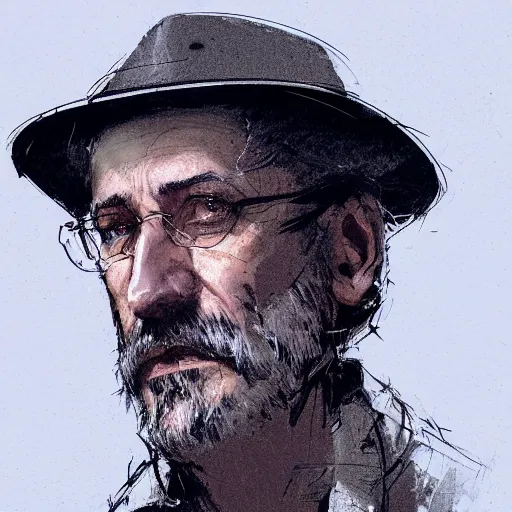 Image similar to portrait of a 55 year old man with short gray hair and a round gray beard, wearing a checkered shirt and a wide brimmed hat, dramatic lighting, illustration by Greg rutkowski, yoji shinkawa, 4k, digital art, concept art, trending on artstation