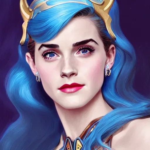 Prompt: A combination of Grace Kelly's and Emma Watson's and Katherine McNamara's faces with blue hair as She-Ra, western, D&D, fantasy, intricate, elegant, highly detailed, digital painting, artstation, concept art, matte, sharp focus, illustration, art by Artgerm and Greg Rutkowski and Alphonse Mucha