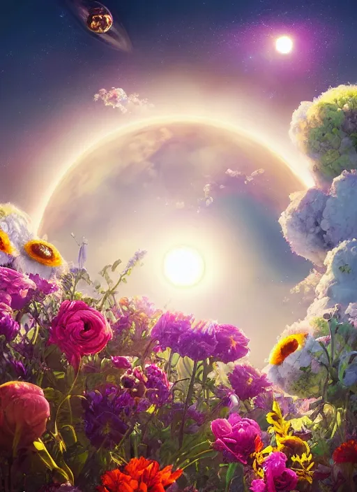 Image similar to An epic fantastic realism comic book style painting of the most beautiful flowers launched into space, bouquets, solar eclipse, fisheye, unreal 5, DAZ, hyperrealistic, octane render, dynamic lighting