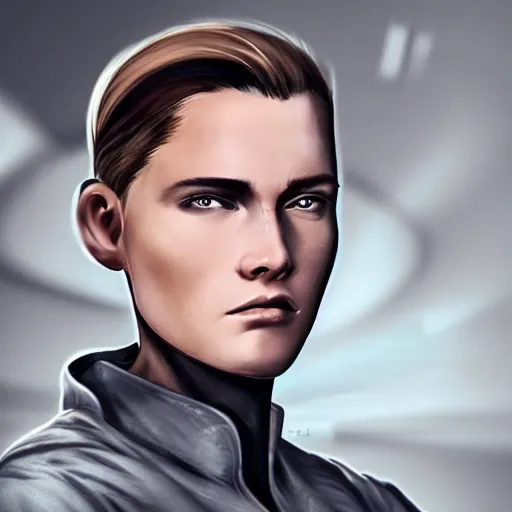 Image similar to character concept art of stoic heroic emotionless handsome blond butch tomboy woman with very short slicked-back hair, no makeup, in dirty and worn flight suit, science fiction, illustration