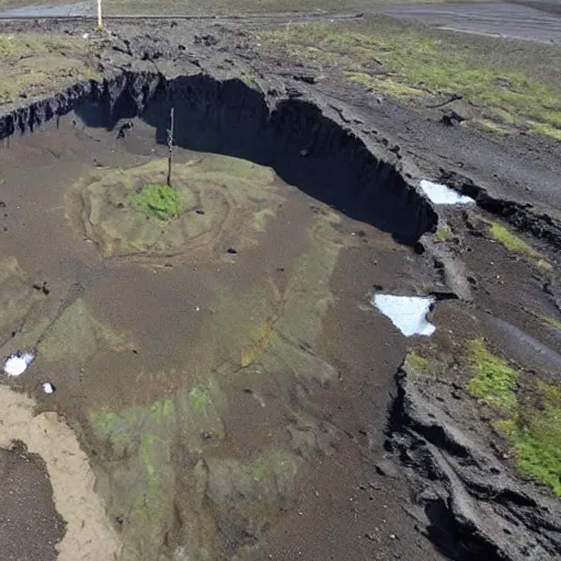 Prompt: helicopter shot of gigantic permafrost sinkhole, collapsing ground, disaster movie