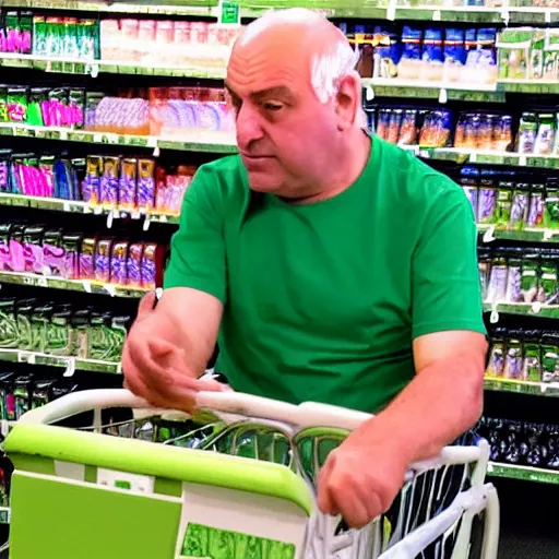 Image similar to mid white hair old man with green shirt and white short, sitting in simpson supermarket with kevin o'leary