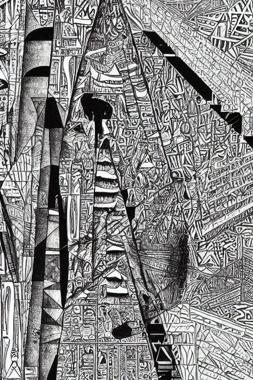 Image similar to a black and white drawing of a egyptian pyramid cityscape, a detailed mixed media collage by hiroki tsukuda and eduardo paolozzi and moebius, intricate linework, sketchbook psychedelic doodle comic drawing, geometric, street art, polycount, deconstructivism, matte drawing, academic art, constructivism