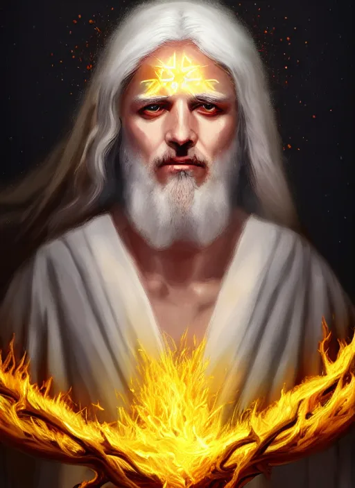 Image similar to « portrait of the white - haired jesus in a white robe and flaming yellow eyes, holding seven stars in right hand, grim colors, very realistic, high - contrast, intricate, elegant, highly detailed, digital painting, artstation, concept art, smooth, sharp focus, illustration »