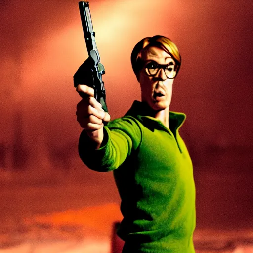 Image similar to scooby doo holding a gun, film still from the movie directed by denis villeneuve with art direction by bill ward, wide lens