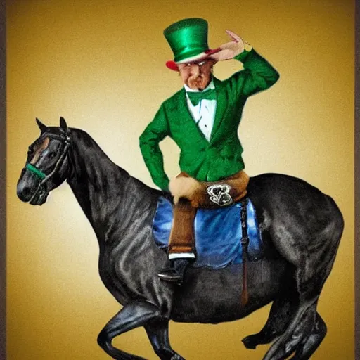 Image similar to a leprechaun on a horse drinking a guinness