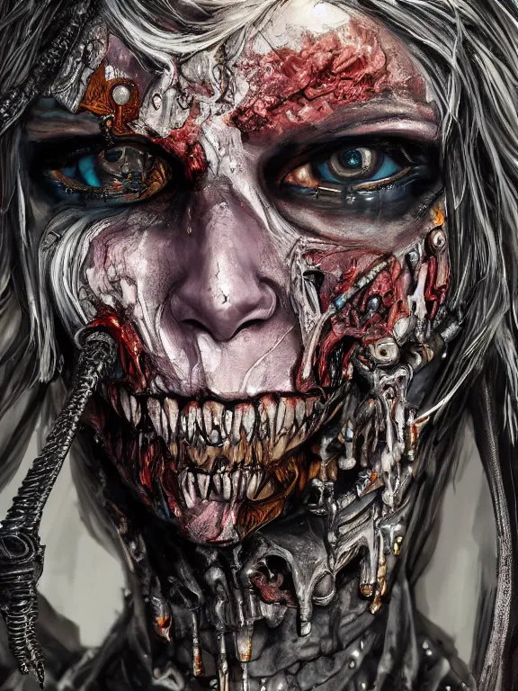 Image similar to portrait art of 8k ultra realistic undead two face witch, detailed intricate ornate armour,decaying, cybernetic, full of colour, cinematic lighting, battered, trending on artstation, 4k, hyperrealistic, focused, extreme details,unreal engine 5, cinematic, masterpiece, art by ayami kojima, giger