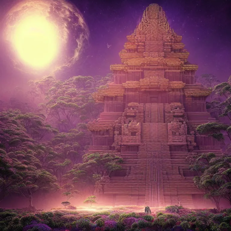 Prompt: mysterious ancient dieties hovering over magical temple, infinite quantum waves, synthwave, highly detailed by ernst steiner