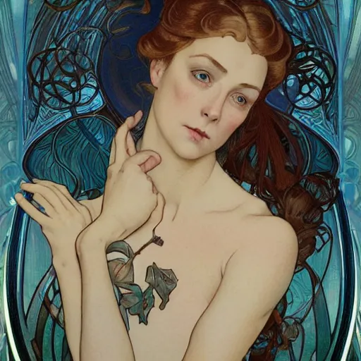 Prompt: portrait shoulder level close up image of annie hamilton from power instinct inspired by alphonse mucha, ayami kojima, amano, charlie bowater, karol bak, greg hildebrandt, jean delville, and mark brooks, art nouveau, neo - gothic, gothic, rich deep moody colors. yuka morii and aaron blaise