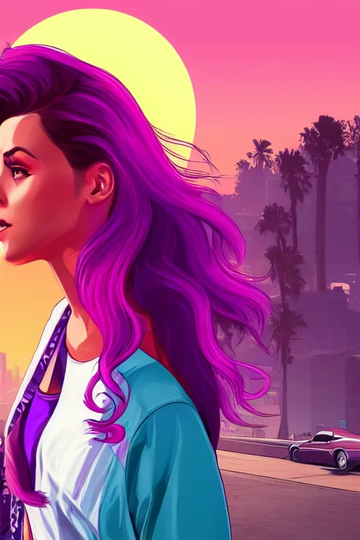 Image similar to a stunning GTA V loading screen with a beautiful woman with ombre hairstyle in purple and pink blowing in the wind, sunset, outrun, vaporware, retro, digital art, trending on artstation