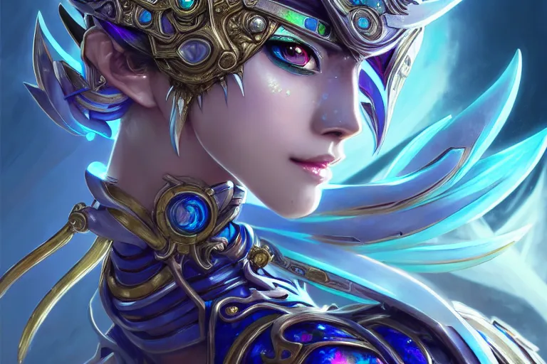 Image similar to anime iridescent opal cyborg shinobi, intricate ornate details, morandi color scheme, fantasy, elegant, highly detailed, wide angle, digital painting, artstation, concept art, smooth, sharp focus, illustration, wallpaper, splash art, league of legends, art by artgerm and greg rutkowski and alphonse mucha and jin xiaodi