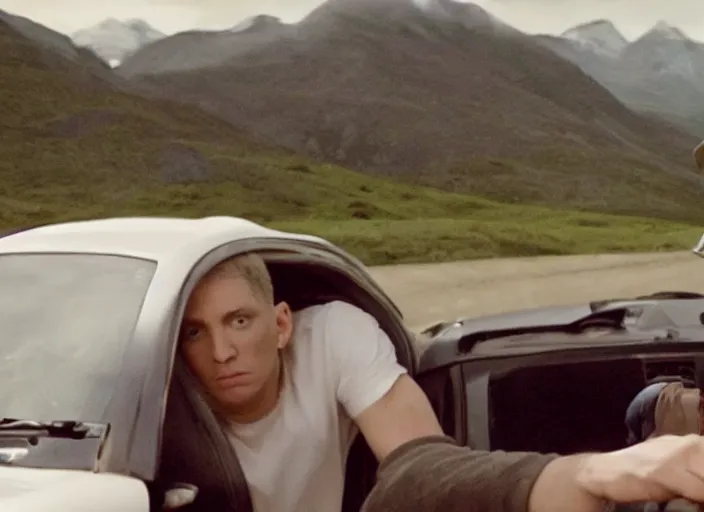 Image similar to a very high resolution image from a new movie, eminem driving a car. mountains, directed by wes anderson