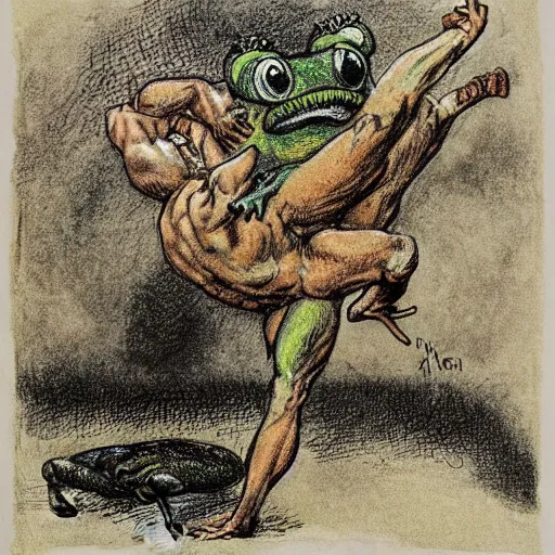 Image similar to a muscular frog man suplexing a toad man in a wrestling ring, detailed, artist arthur rackham, pastel colors