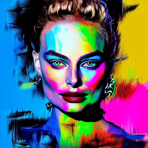 Prompt: colorful sketch, ultra detailed, fashion, magic, beautiful woman, appearance of margot robbie mixed with appearance of natalie portman, surreal hotel, in style of jean - michel basquiat, trending on artstation