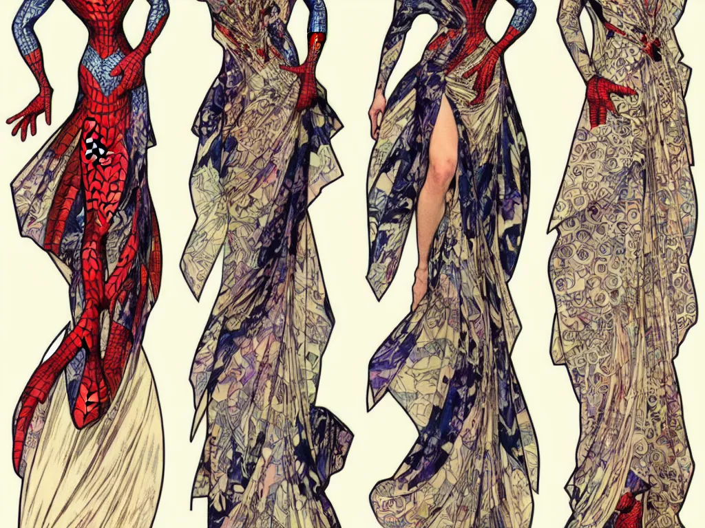 Image similar to 4 elegant full length spider man dress designs with natural history prints designed by alphonso mucha