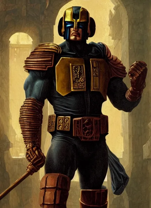 Image similar to renaissance painting of bodybuilder the rock as judge dredd, d & d, fantasy, intricate, elegant, highly detailed, digital painting, artstation, concept art, smooth, sharp focus, illustration, art by artgerm and greg rutkowski and alphonse mucha and simon bisley