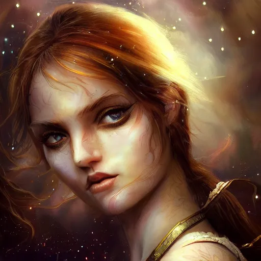 Image similar to portrait of a beautiful calico cat celestial background, detailed face, fantasy, highly detailed, cinematic lighting, digital art painting by artgem and greg rutkowsk, trending on artstation, very very beautiful, very attractive, high fantasy