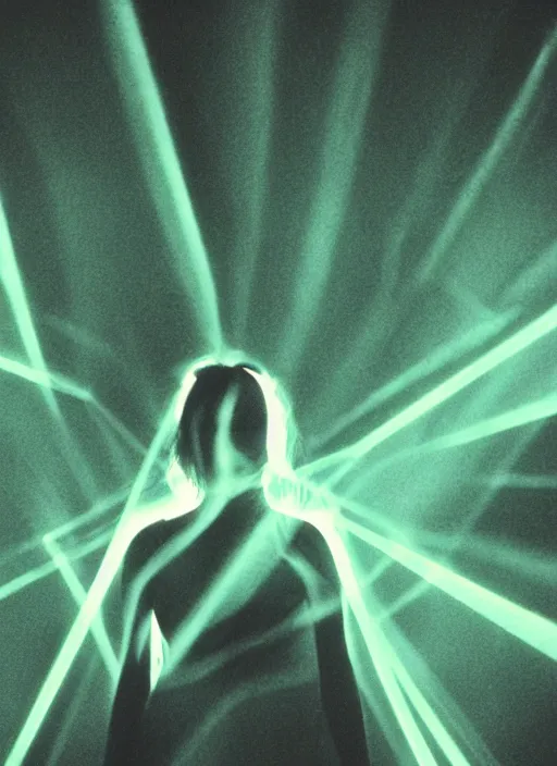 Prompt: female ascending into the sky, glowing aura, motion blur, out of focus, film grain, cinematic lighting, experimental film, echoes, shot on 1 6 mm