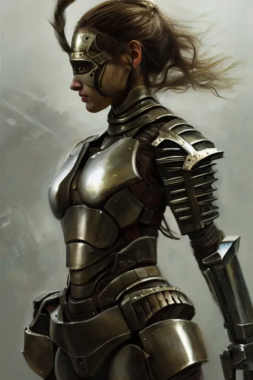 Image similar to a photorealistic painting of an attractive young girl, partially clothed in metal-plated battle armor, olive skin, long dark hair, beautiful bone structure, symmetrical face, perfect eyes, intricate, elegant, digital painting, concept art, illustration, sharp focus, minimal artifacts, from Metal Gear, in the style of Ruan Jia and Mandy Jurgens and Greg Rutkowski, trending on Artstation, award winning