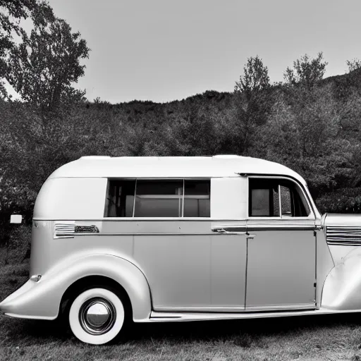 Image similar to photo of a 1 9 3 6 chrysler airstream parked at a lake