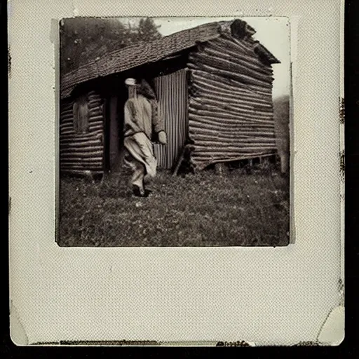Image similar to polaroid of patchwork cloth man walking by old cabin