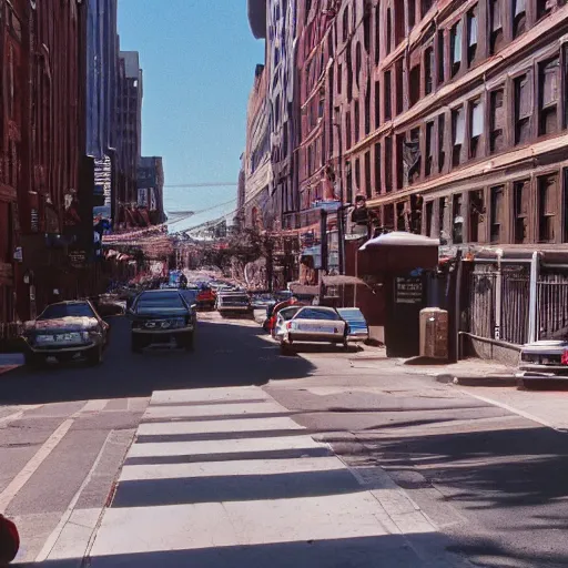 Prompt: wide angle lens shot of brooklyn in the 9 0 s, 4 k, realistic, detailed, midday