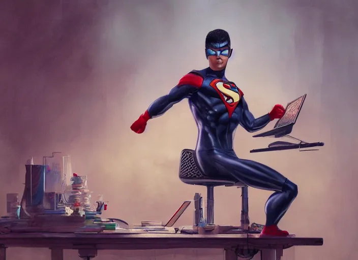 Image similar to an insanely detailed and realistic painting of an asian man wearing a homemade superhero costume, sitting at a desk, staring seriously at the computer and typing, in the style of peter mohrbacher, james jean, artgerm, dramatic lighting and composition, surreal background, octane render, pixar, trending on artstation, concept art, comic book, 8 k