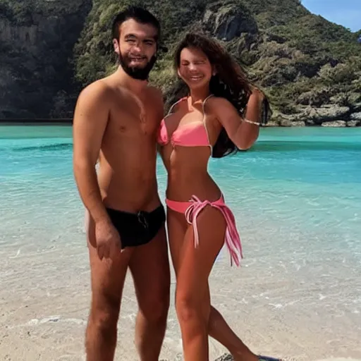 Prompt: photo of a 2 2 year old man that looks young for his age dating a very attractive and completely legal 1 8 year old woman wearing a bikini.
