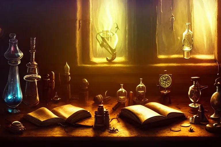 Prompt: cluttered, wood table, spell book, wizards laboratory, tony sart, window, mortar, pestle, glowing powder, compass, alembic, wisps of smoky light, beakers of colored liquid, greg rutkowski