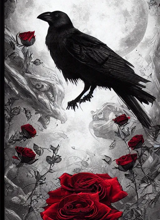 Image similar to portrait, A crow with red eyes in front of the full big moon, book cover, red roses, red white black colors, establishing shot, extremly high detail, foto realistic, cinematic lighting, pen and ink, intricate line drawings, by Yoshitaka Amano, Ruan Jia, Kentaro Miura, Artgerm, post processed, concept art, artstation, matte painting, style by eddie mendoza, raphael lacoste, alex ross