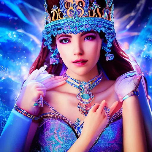 Image similar to photo of wonderful princess of sapphire with fair skin, she has her eyes closed, glowing, ornate and intricate blue jewelry, jaw dropping beauty, eyepopping colors, dynamic lighting, glowing background lighting, blue accent lighting, photorealistic, hyper detailed, award winning photography, 4 k octane render