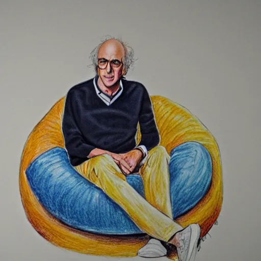 Image similar to larry david sitting on large bagel beanbag, colored-pencil sketch