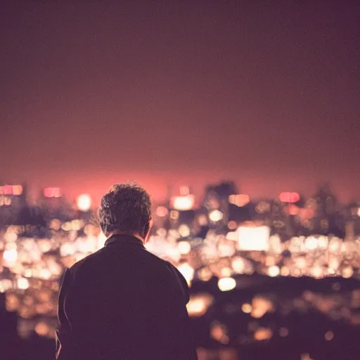 Image similar to a still of mel gibson, studio lighting, shallow depth of field, lights of city in the background, profession photography, 4 k