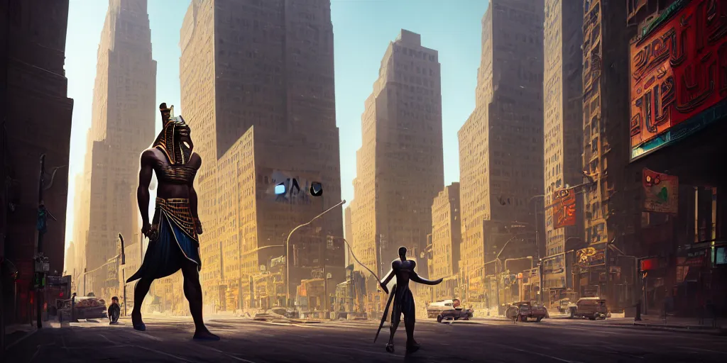 Image similar to an egyptian god walking the streets of new york, digital art, landscape, fantasy art, octane render, unreal engine, high detail, very realistic, by ross tran. by james gurney