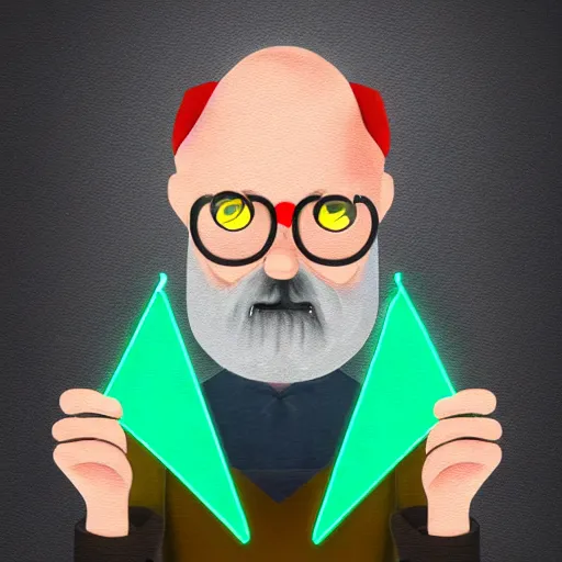 Image similar to Old mathematician with a beard holding a neon triangle in his hand , digital painting , digital art , artstation , devian art , HD , 4k