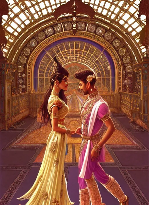 Image similar to an indian prince and princess in a palace, shiny, fantasy, intricate, elegant, hyper detailed, ultra definition, photoreal, artstation, unreal engine rendered, concept art, smooth, sharp focus, illustration, art by artgerm and greg rutkowski and alphonse mucha and garis edelweiss