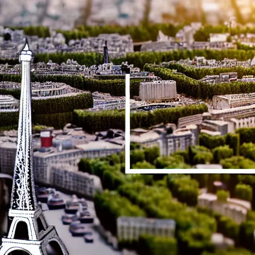 Prompt: a detailed photo of a diorama city, paris eiffel tower, macro photography, zoom, model trees, table, studio lighting