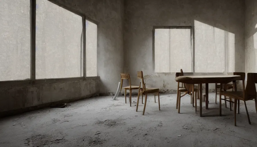 Image similar to pierre chapo style oak table with chairs in a tadao ando style interior with a serge mouille style wall lamp, in an old 3 0's abandoned rich manor, light through dusty broken windows, old curtains, dusty floor, dirts on the floor, wind, hyperdetailed, artstation, cgsociety, 8 k