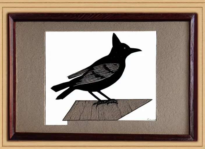 Image similar to a beautiful Wood engraving on paper of a Blackbird, framed with a white border