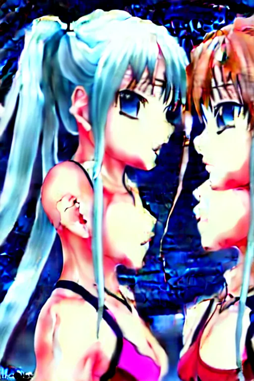 Image similar to two beautiful female fighters with pigtails facing each other, detailed anime art