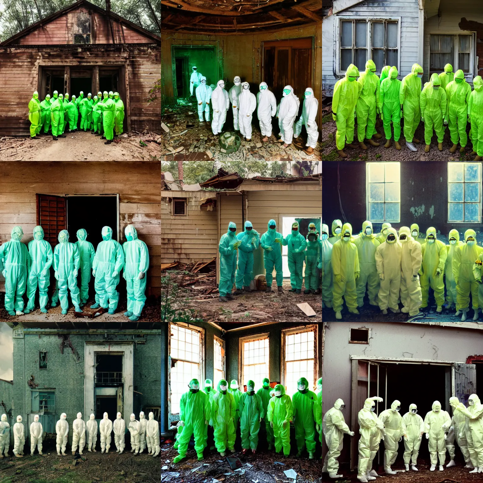 Prompt: wide - shot photo of a group of scientists in hazmat suits in front of an eldritch brilliant green dimensional portal inside an abandoned house by shaun tan, taking notes, codachrome, 8 k, hd, highly detailed,