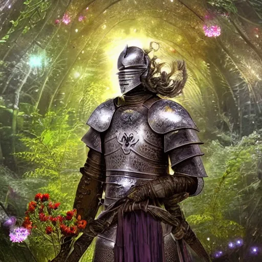 Prompt: half figure shot of a male knight, stern face, clear eyes, shining sword, in a dark forest, shining armour made of steel and flowers, and fractal flowery hair in a fractal garden, glowing delicate flower, berries and ferns that grow in a dark fantasy forest, clear face, peaceful face,