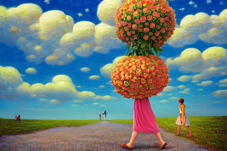 Image similar to giant flower head, woman walking, surreal, clouds in sky, impressionist painting, digital painting, artstation, rob gonsalves